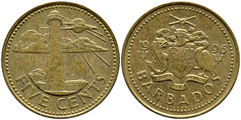 Барбадос 5 центов 1996 маяк Саут-Пойнт KM 11 латунь 4398-551