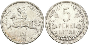 Литва 5 лит 1925 KM 78 серебро 81-715