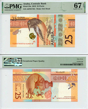 Аруба 25 флоринов 2019 труппиал, старинный кувшин, в слабе PMG Super Gem 67 Pick 22  бумага  UNC (пресс) 452-2-13