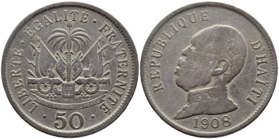 Гаити 50 сантимов 1908 Президент Пьер Нор Алексис KM 56 медно-никель 633-313