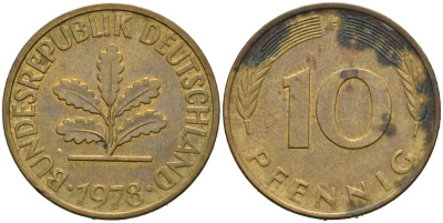 ФРГ 10 пфеннигов 1978 F KM 108, J.383 сталь плакированная латунью 4681-1144