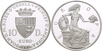 Андорра 10 динеров 1998 греческая принцесса Европа KM 150 серебро PROOF 1068-5-31
