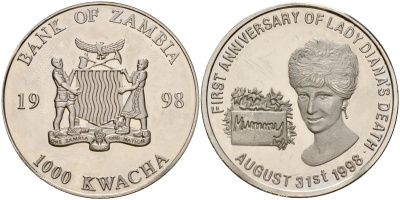 Замбия 1000 квача 1998 годовщина гибели леди Дианы, 31 августа 1998 KM 180 медно-никель PROOF 1095-4-41