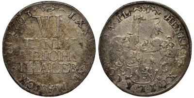 Рейсс-обер-Грейц 1/6 талера 1763 ICE, Генрих XI (1723-1800) KM 64, Knab 237, Jaeger 15 серебро 00-000-00