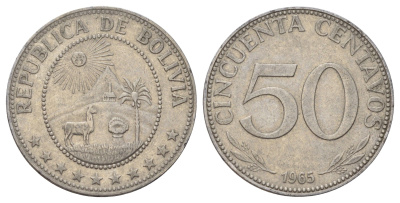 Боливия 50 сентаво 1965 KM 190 сталь плакированная никелем 68-256