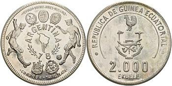 Экваториальная Гвинея 2000 экуэле 1978 чемпионат мира по футболу в Аргентине 1978 года, тираж 195 экземпляров серебро PROOF 10-014-07