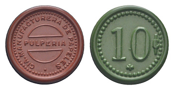 Чили шахтерский жетон с рудника Каличе (для добычи нитрата натрия) для покупки в местных магазинах (Pulperia), номиналом в 10 сентаво 1880-1920 диаметр 21 мм, вес 1,36 гр не описан в Espinosa эбонит (зеленый и красный) 1094-1-62