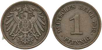 Германия 1 пфенниг 1912 E, Вильгельм II (1888-1918) KM 10, J. 10 медь 4608-165