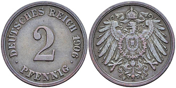 ГЕРМАНИЯ 2 ПФЕННИГА 1906 F KM 16, Jager 11, Weege 4 медь 4546-635