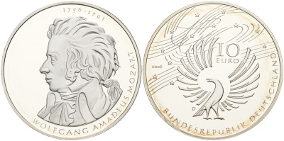 ФРГ 10 евро 2006 D, 250 лет со дня рождения Вольфганга Амадея Моцарта KM 248, DE.S. 10.29 серебро PROOF 11-183-21