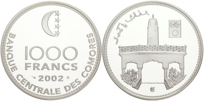 Коморские острова 1000 франков 2002 тираж 500 экземпляров KM 20 серебро PROOF 00-801-21