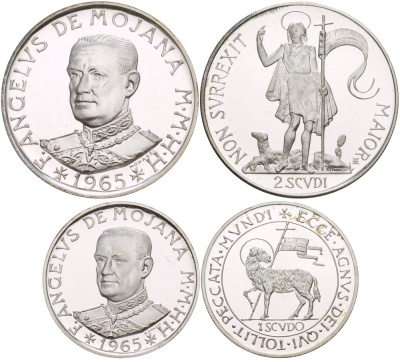 Орден Мальты набор из 2 монет (скуди и 2 скуди) 1965 магистр Моджана и жертвенный агнец, в оригинальном картонном буклете, проба 986, тираж 3000 экз., вес 12 гр. И 24 гр серебро PROOF 00-00