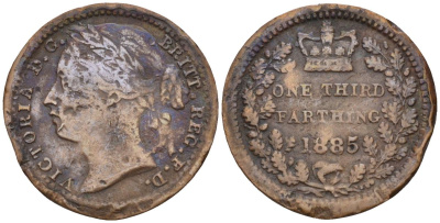 Великобритания 1/3 фартинга 1885 Виктория (1837-1901) KM 750, Spink 3960 бронза 4115-649