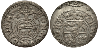 Ливония, Рига 1/24 талера 1648 Шведская оккупация, Кристина (1632-1654), минтмарк собака, вес 1,01 гр. KM 3 серебро 1516-615