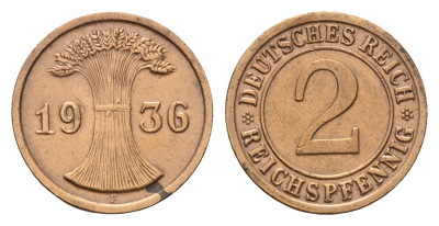 Германия 2 рейхспфеннига 1936 F KM 38, J. 314 бронза 54-344