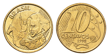 Бразилия 10 сентаво 1998 KM 649 сталь плакированная латунью 4686-721