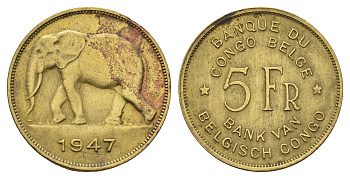 Бельгийское Конго 5 франков 1947 слон, Леопольд III, год тип KM 29 латунь 4127-1812