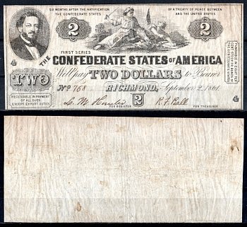 Конфедеративные Штаты Америки 2 доллара 1861 № 768. Филип Бенджамин, аллегорическая женщина ("Юг разрушает союз")	Friedberg № CS-38 (T-38). Pick 13 бумага 451-1031-2