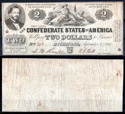Конфедеративные Штаты Америки 2 доллара 1861 № 768. Филип Бенджамин, аллегорическая женщина ("Юг разрушает союз")	Friedberg № CS-38 (T-38). Pick 13 бумага 451-1031-2