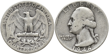 США 25 центов = квотер 1946 Вашингтон KM 164 серебро 86-1153