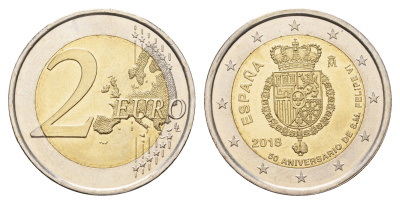 Испания 2 евро 2018 50 лет со дня рождения Филиппа VI KM 1416 биметалл UNC 72-612