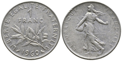 ФРАНЦИЯ 1 ФРАНК 1960 СЕЯТЕЛЬ KM 925.1, LE FRANC 226.4 никель 3999-446