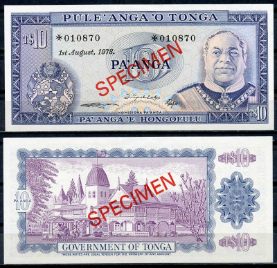 Тонга 1, 2, 5 и 10 паанга 1978 образец, Specimen, № 010870 Pick 19 s, 20 s, 21 s, 22 s  бумага  UNC (пресс) 451-4-2