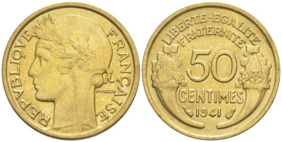 ФРАНЦИЯ 50 САНТИМОВ 1941 ТИП MORLON KM 894.1, LE FRANC 192.18 алюминиевая бронза 44-539