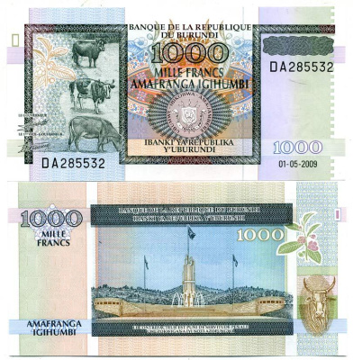 Бурунди 1000 франков 2009 рогатый скот, памятник единству, Бужумбура Pick 46 бумага UNC (пресс) 448-134-3