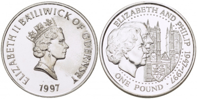 Гернси 1 фунт 1997 Елизавета и Филлип, золотая свадьба KM 70 серебро UNC 650-224