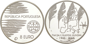 Португалия 8 евро 2005 60 лет окончания 2-ой мировой войне KM 773а серебро PROOF 01-345-25