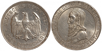 Германия 3 марки 1927 F, 450 лет университету Тюбингена J. 328, KM 54 серебро 00-817-44