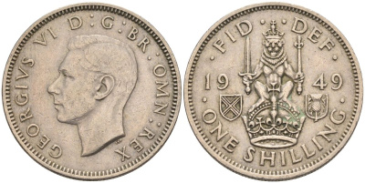 Великобритания 1 шиллинг 1949 Георг VI (1936-1952), Шотландский герб KM 877, Spink 4109 медно-никель 4126-412
