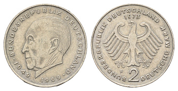 ФРГ 2 марки 1973 F, Конрад Аденауэр, 20 лет Федеративной Республике KM 124, J. 406 медно-никель 4619-1227