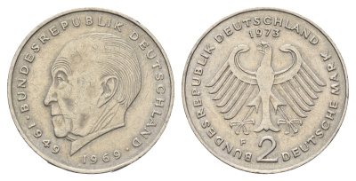 ФРГ 2 марки 1973 F, Конрад Аденауэр, 20 лет Федеративной Республике KM 124, J. 406 медно-никель 4619-1227