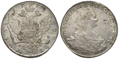 Россия 1 рубль 1774 СПБ-ТИ-ФЛ, Екатерина II (1762-1796) Биткин 218, Петров 2,5 рубля серебро 10-009-77