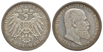 Вюртемберг 2 марки 1907 F, Вильгельм II (1891-1918) Weege 170, J. 174, KM 631 серебро PROOF 00-812-63