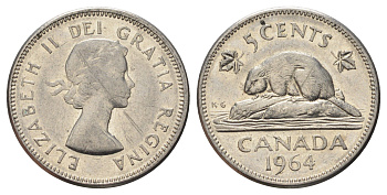 Канада 5 центов 1964 Елизавета II (1952-2022), бобр KM 57 никель 4689-342