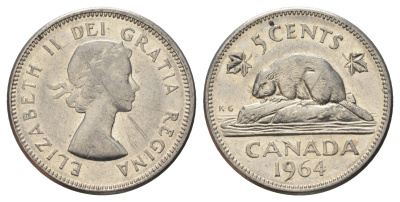 Канада 5 центов 1964 Елизавета II (1952-2022), бобр KM 57 никель 4689-342