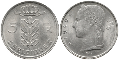 Бельгия 5 франков 1949 Леопольд III (1934-1950), Belgique KM 134.1 медно-никель 34-1137