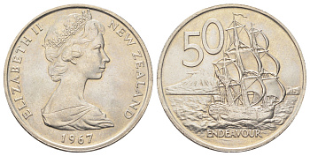 Новая Зеландия 50 центов 1967 Елизавета II (1952-2022), птичка киви KM 37 медно-никель UNC 4692-812