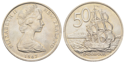 Новая Зеландия 50 центов 1967 Елизавета II (1952-2022), птичка киви KM 37 медно-никель UNC 4692-812