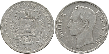 Венесуэла 5 боливаров 1904 Симон Боливар KM 24.2 серебро 1525-1211