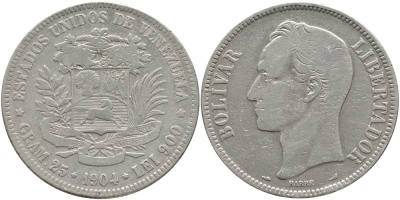 Венесуэла 5 боливаров 1904 Симон Боливар KM 24.2 серебро 1525-1211