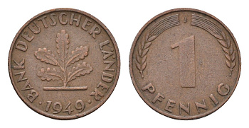 ФРГ 1 пфенниг 1949 J KM A101, J. 376 сталь плакированная медью 4685-357