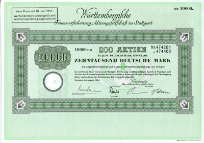 ФРГ 10000 марок 1974 Акционерное общество по страхованию от пожаров Вюртемберга, 200 акций   бумага   8803-42-1