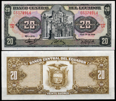 Эквадор 20 сукре 1986 Церковь Общества Иисуса, серия LN Pick 121A a (1986 (3))  бумага  UNC (пресс) 447-130-1