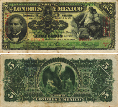 Мексика, Революция 5 песо 1912 Банк Лондона и Мехико, надпечатка Гвадалахара Pick 233g бумага 451-410-2
