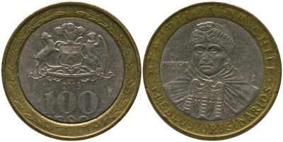 Чили 100 песо 2005 So KM 236, Schon 84 биметалл 4543-1256