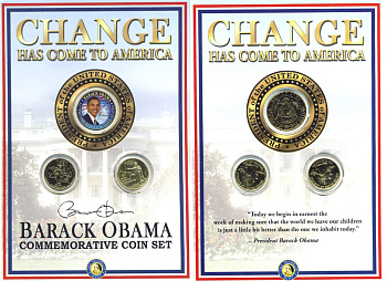 США набор из 3 монет 2003-2008 1/2 доллара (50 центов) - Барак Обама, 25 центов Иллинойс и 25 центов Гаваи. В оригинальном буклете, позолота, цветная эмаль, сертификат  медно-никель  UNC  7-6-1-01